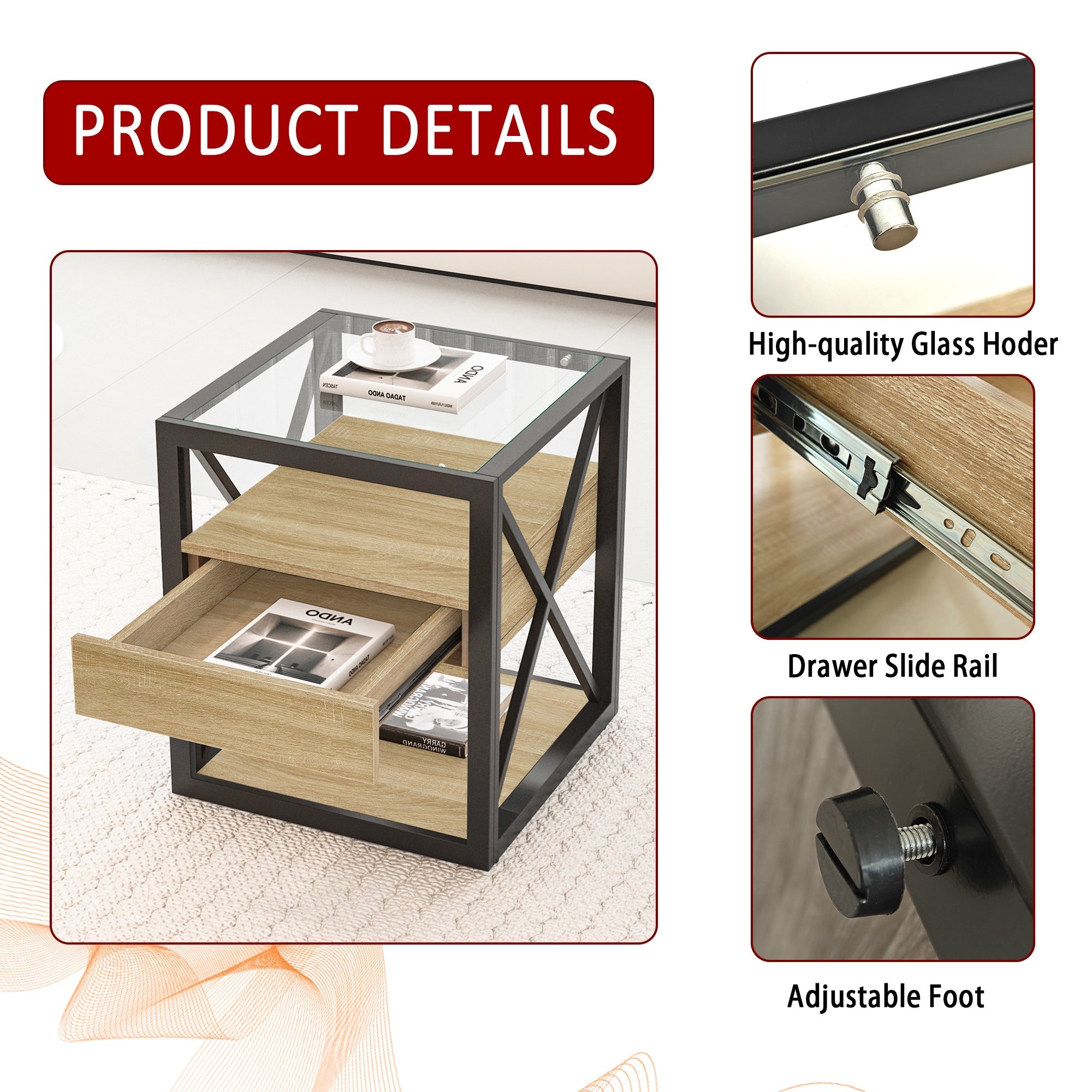 Set of 2 Modern End Tables with Drawer