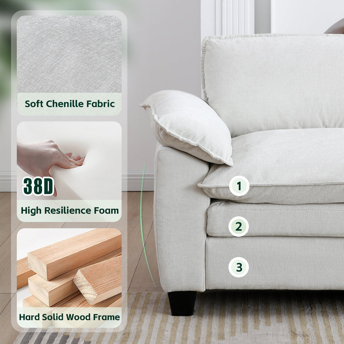 Luxury Chenille L Shape Sofa Beige with Ottoman Living Room