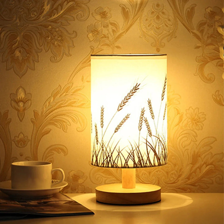 Linen Table Lamp LED USB Wooden Base Warm Light