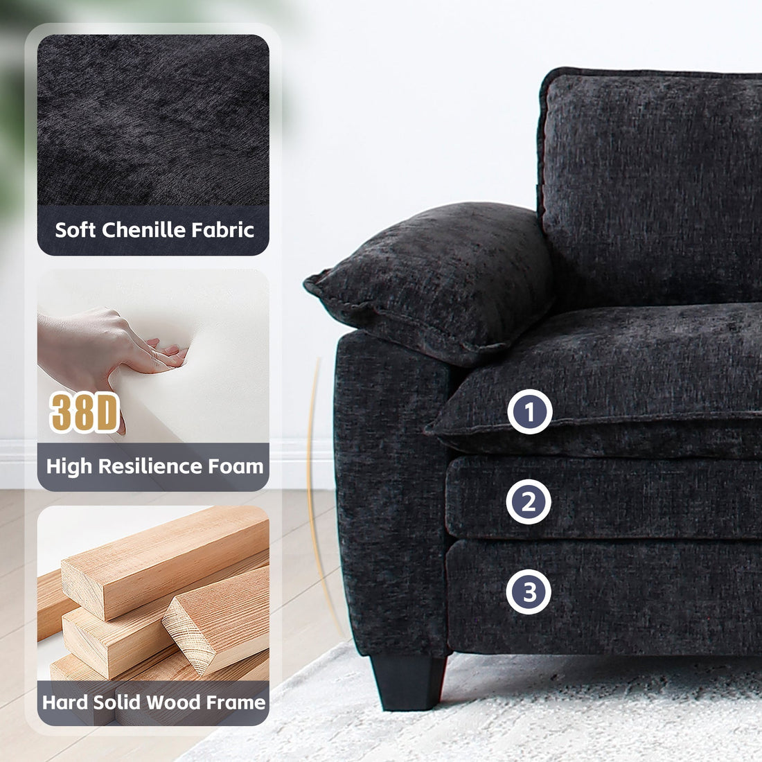 Luxury Black Chenille Loveseat Sofa Soft Upholstered Living Room