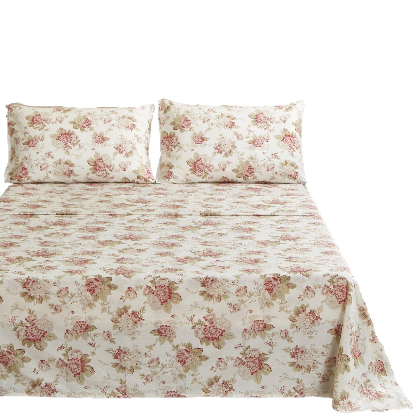 Hint Mint Cottage Floral Roses Cotton Flat Sheet Pillowcase