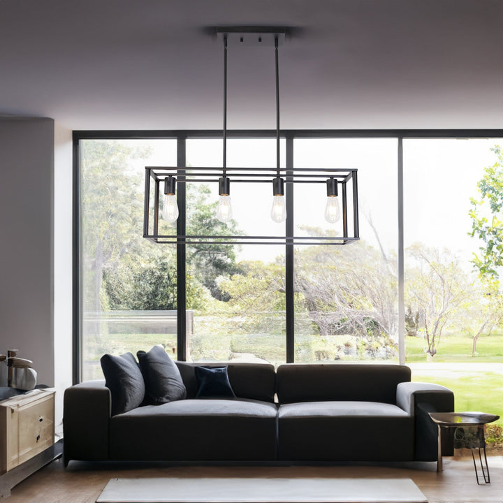Industrial Pendant Lighting Four Light Black Linear Cage Chandelier
