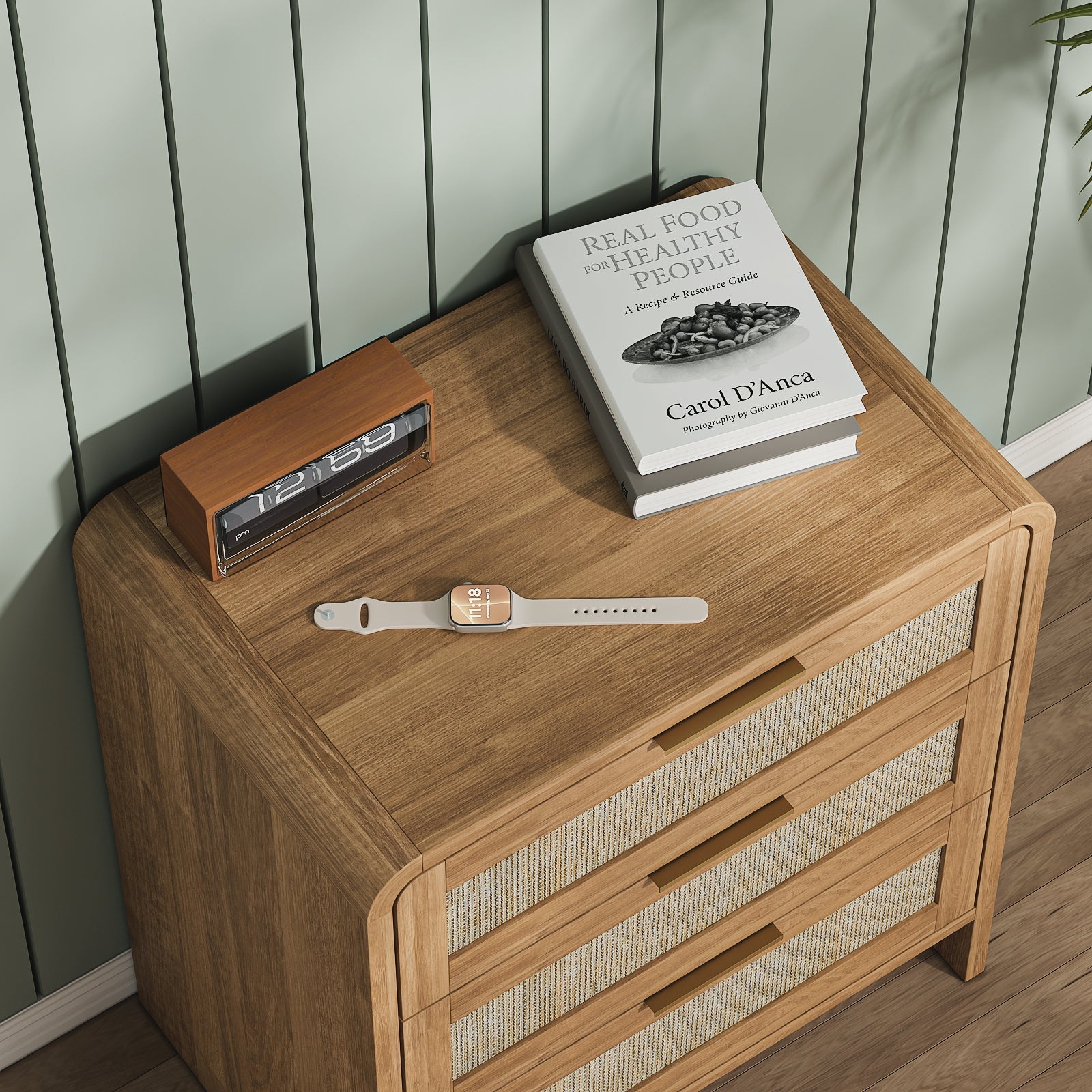 Rattan Nightstand Set of 2 with 3 Drawers in Caramel Oak