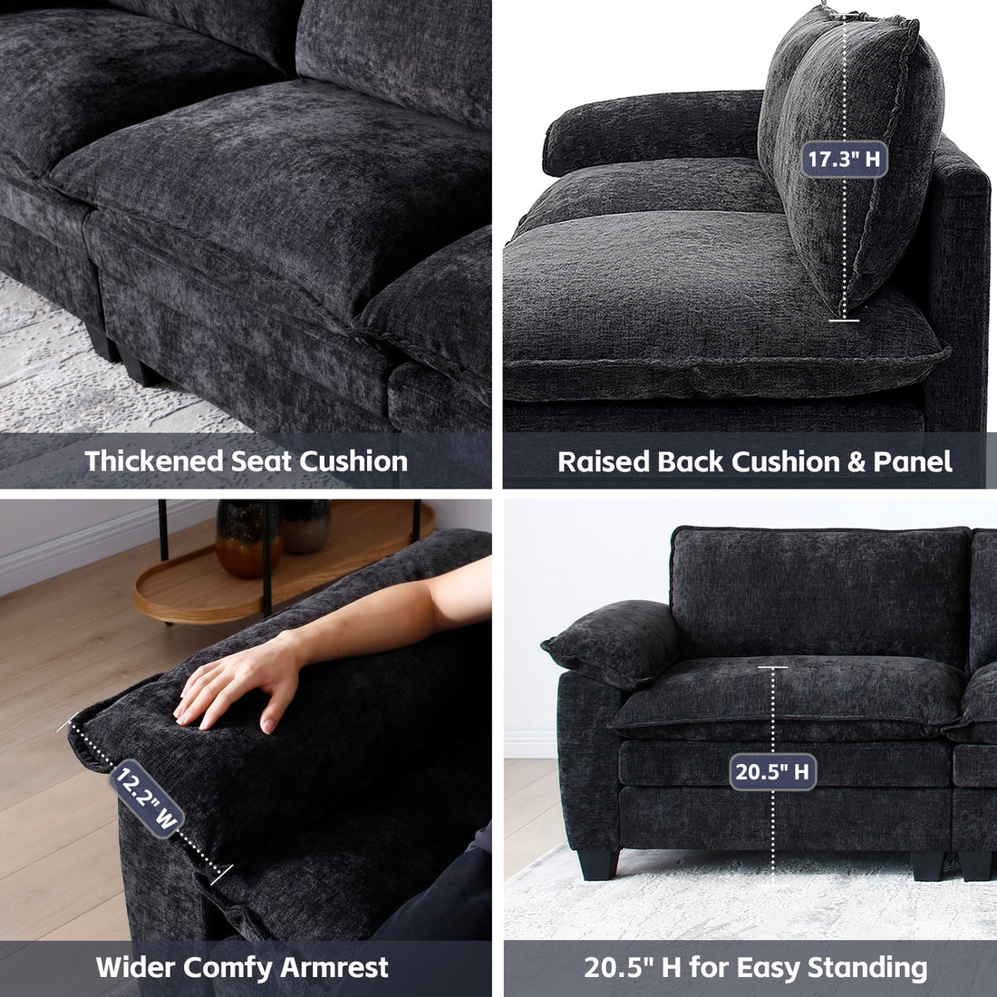 Luxury Black Chenille Loveseat Sofa Soft Upholstered Living Room