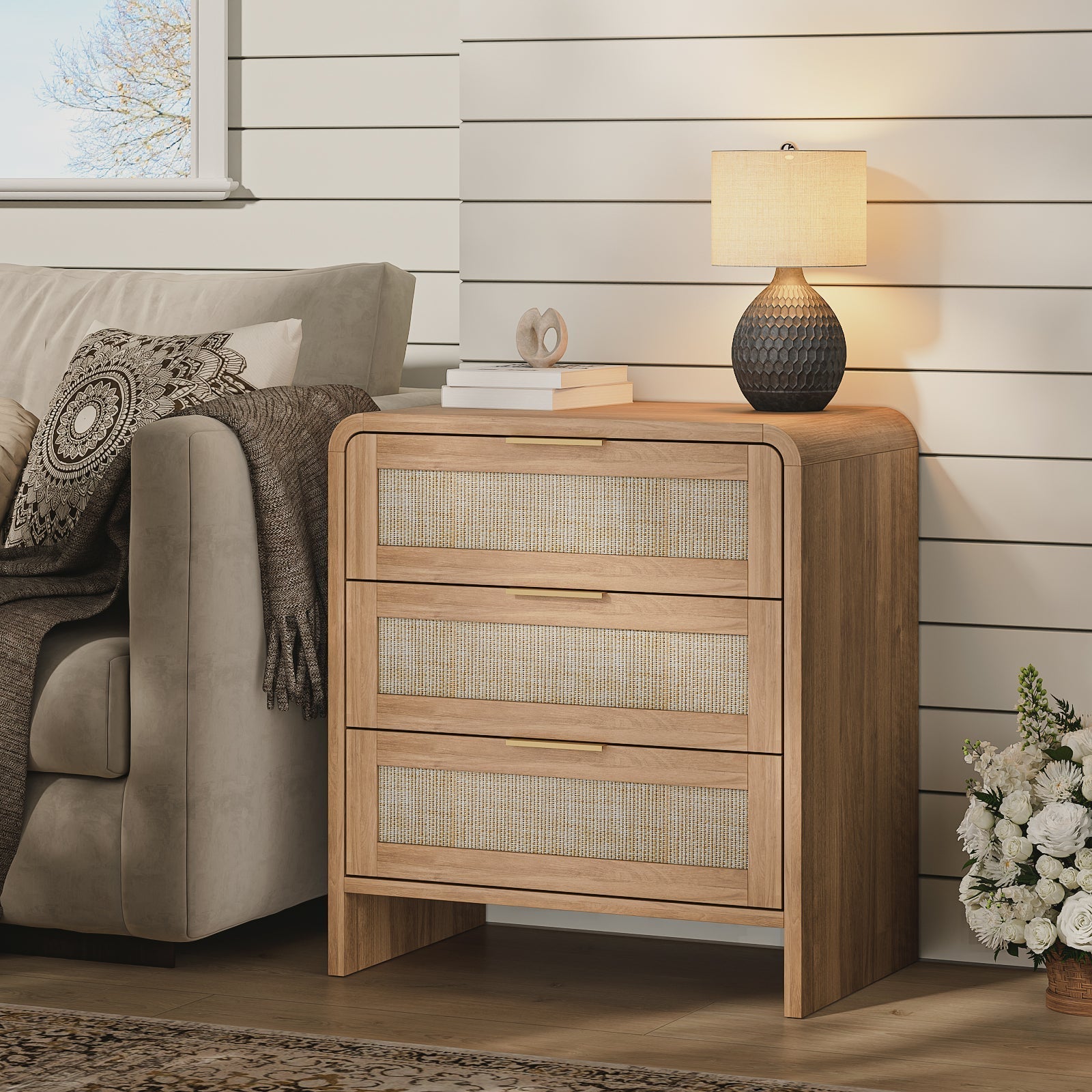 Rattan Nightstand Set of 2 with 3 Drawers in Caramel Oak