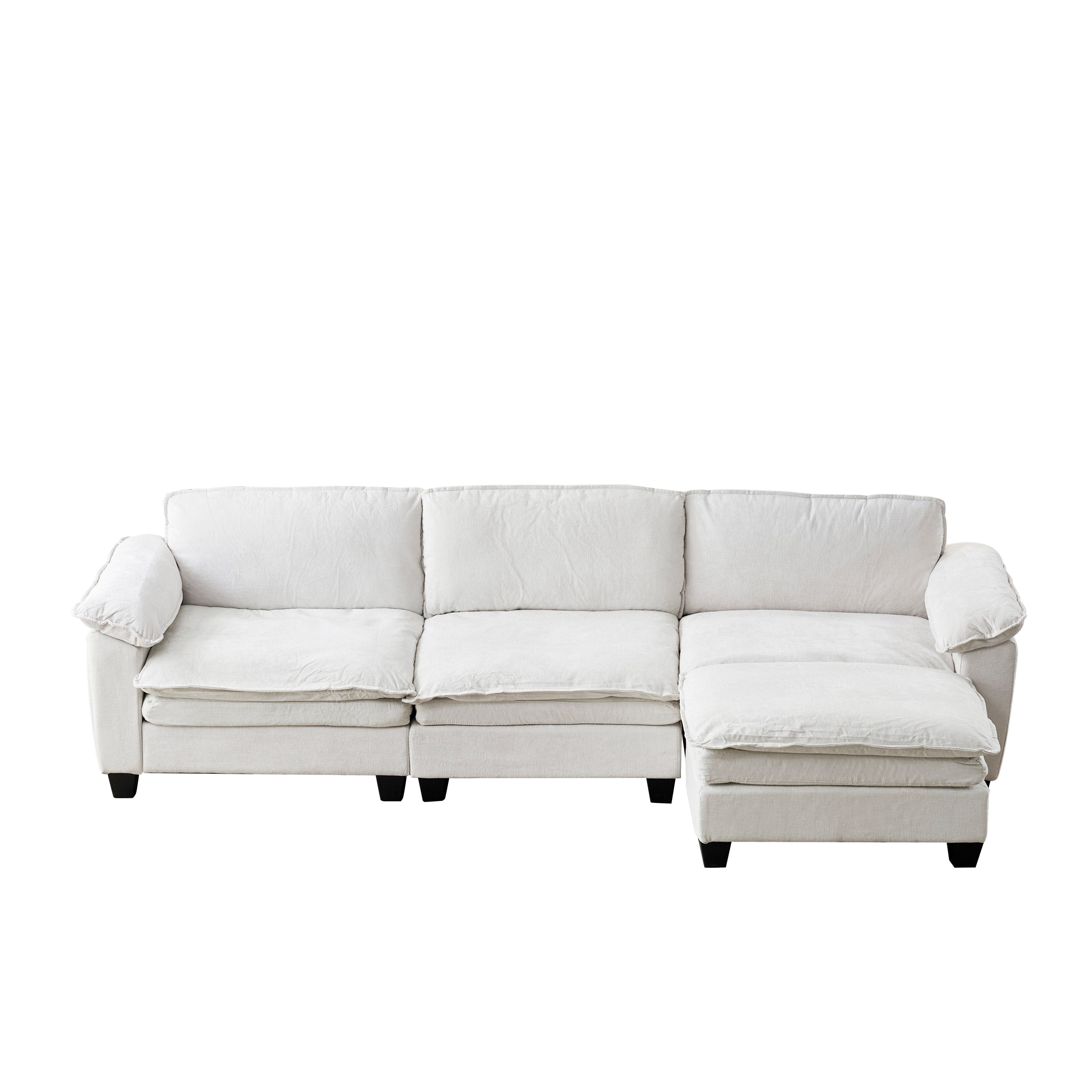 Luxury Chenille L Shape Sofa Beige with Ottoman Living Room