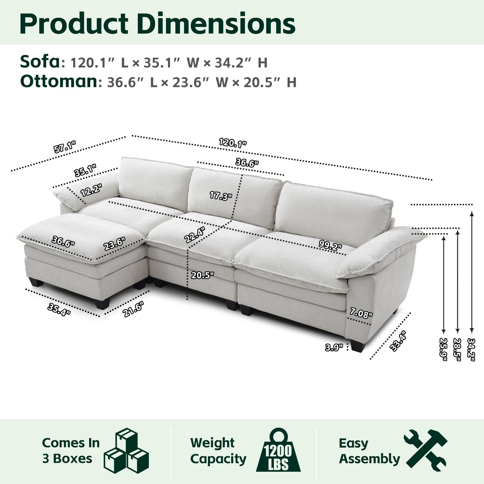 Luxury Chenille L Shape Sofa Beige with Ottoman Living Room