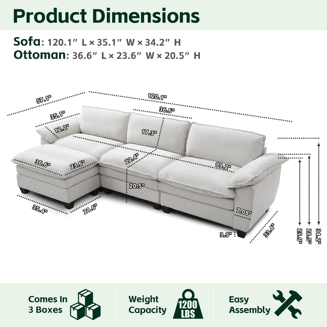 Luxury Chenille L Shape Sofa Beige with Ottoman Living Room