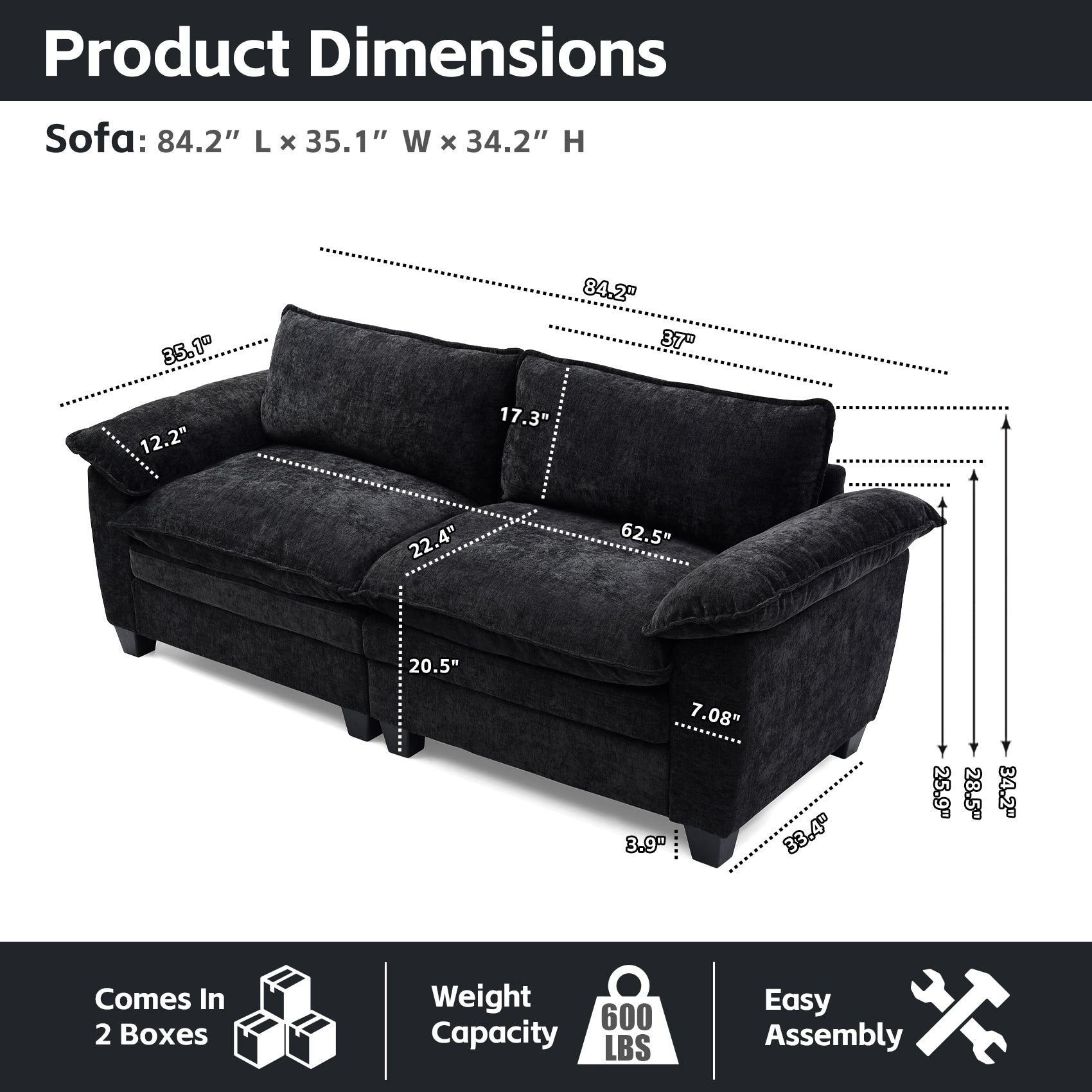 Luxury Black Chenille Loveseat Sofa Soft Upholstered Living Room