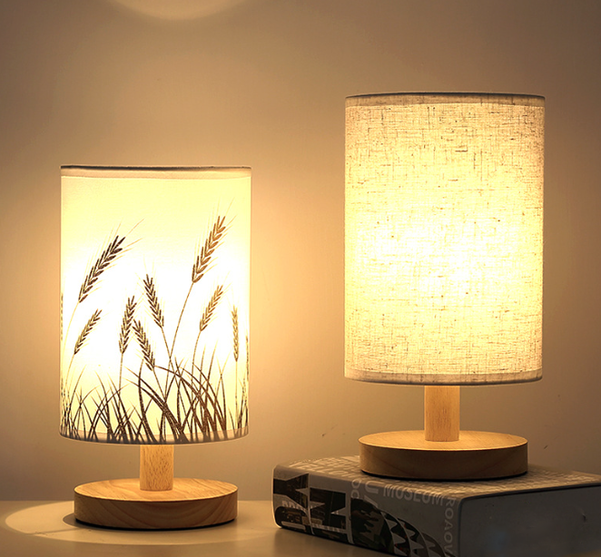 Linen Table Lamp LED USB Wooden Base Warm Light