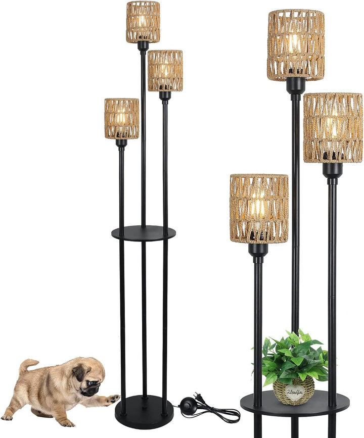 Boho Floor Lamp Shelves Three Lights Rattan Rustic Farmhouse
