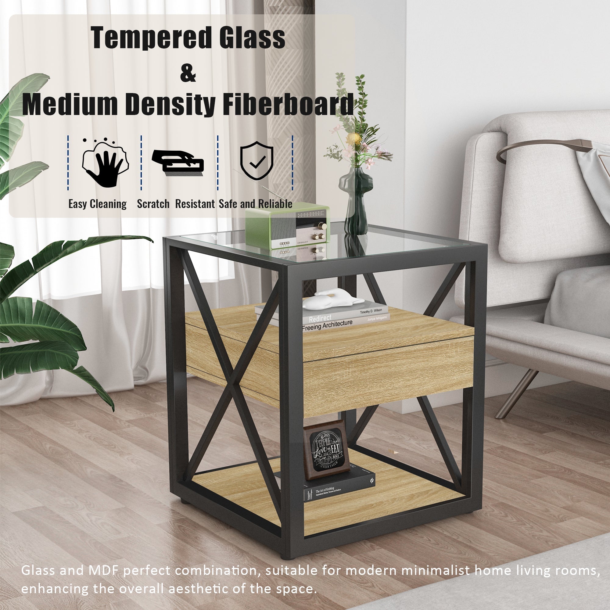 Set of 2 Modern End Tables with Drawer