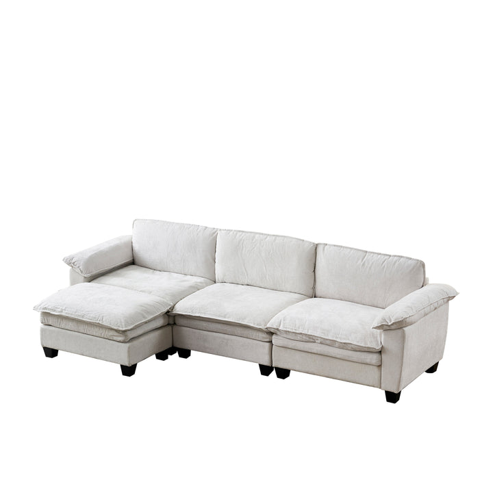 Luxury Chenille L Shape Sofa Beige with Ottoman Living Room
