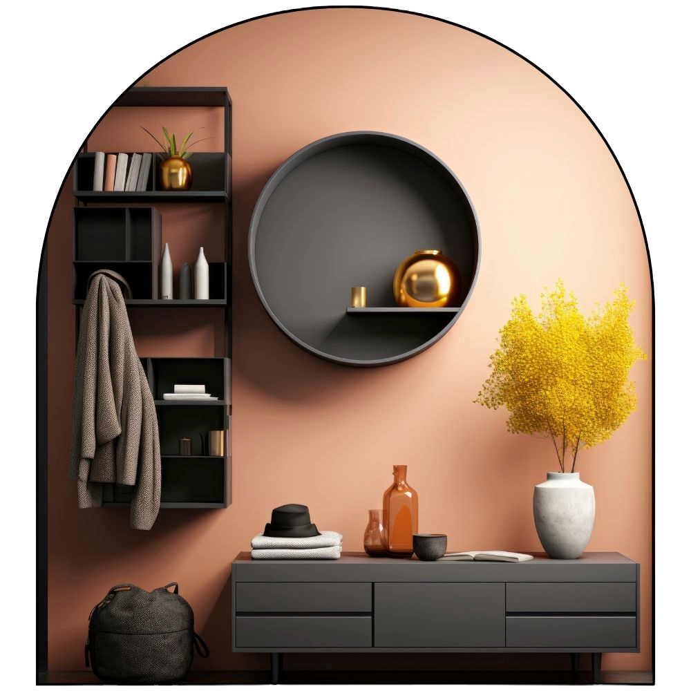 Modern interior design with shelves, a mirror, and decorative items against a peach wall.