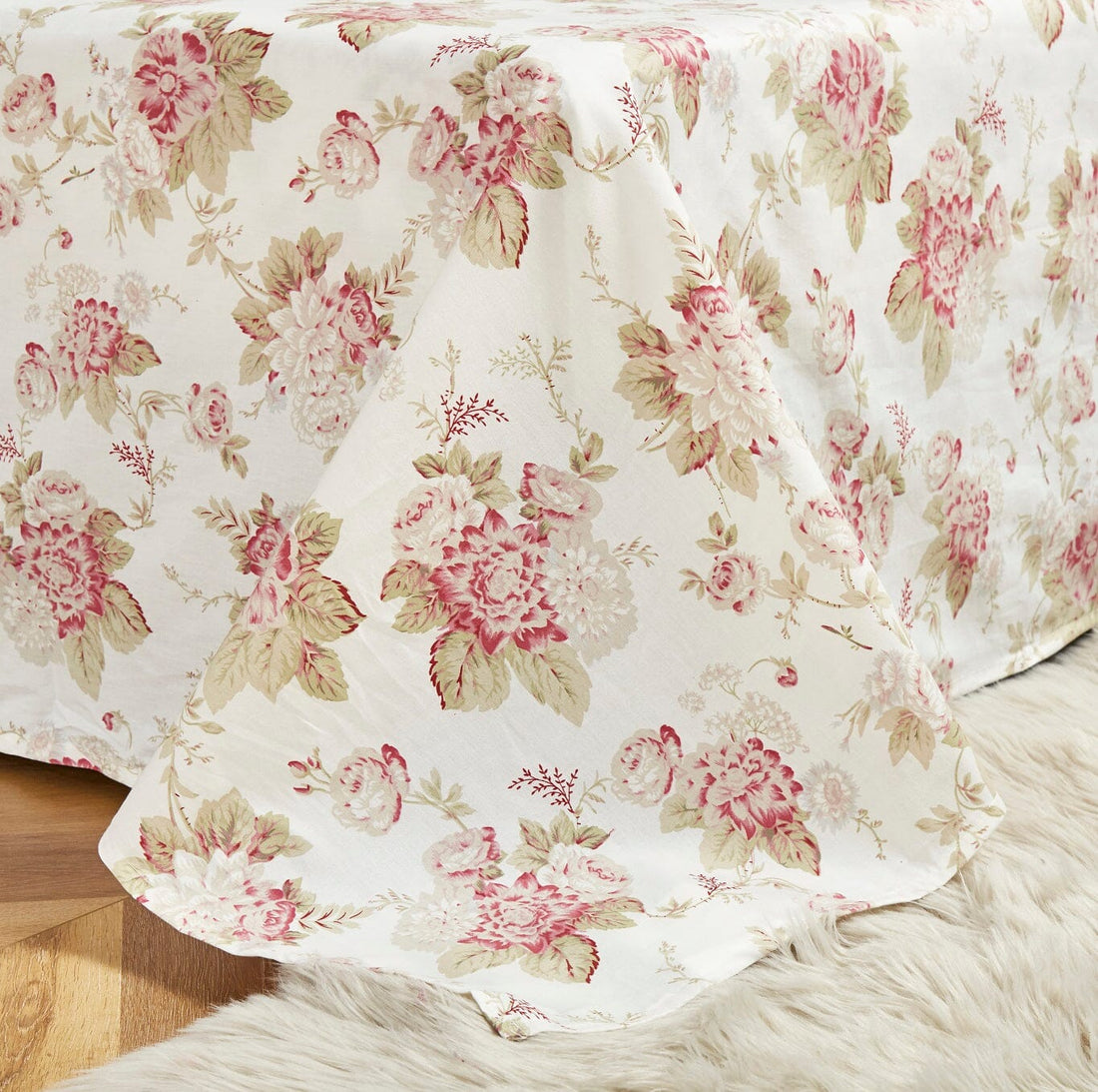 Hint Mint Cottage Floral Roses Cotton Flat Sheet Pillowcase