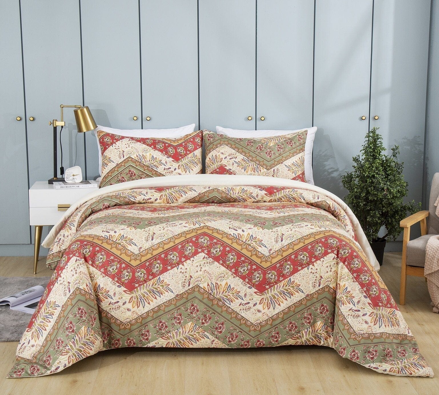 Botanical Cranberry Sage Chevron Floral Duvet Cover Set Bedding