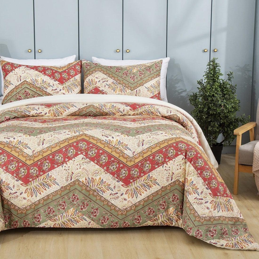Botanical Cranberry Sage Chevron Floral Duvet Cover Set Bedding