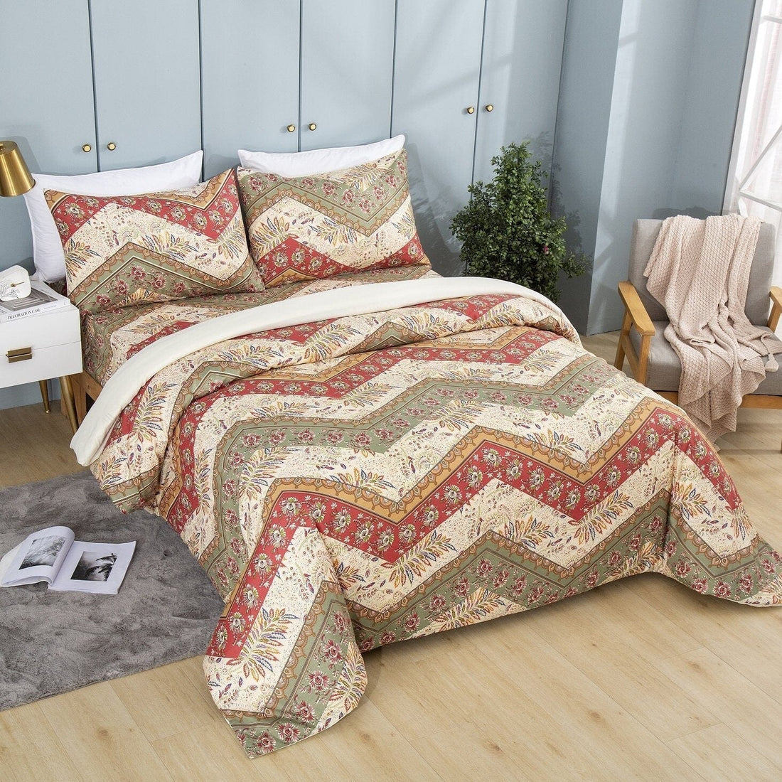 Botanical Cranberry Sage Chevron Floral Duvet Cover Set Bedding