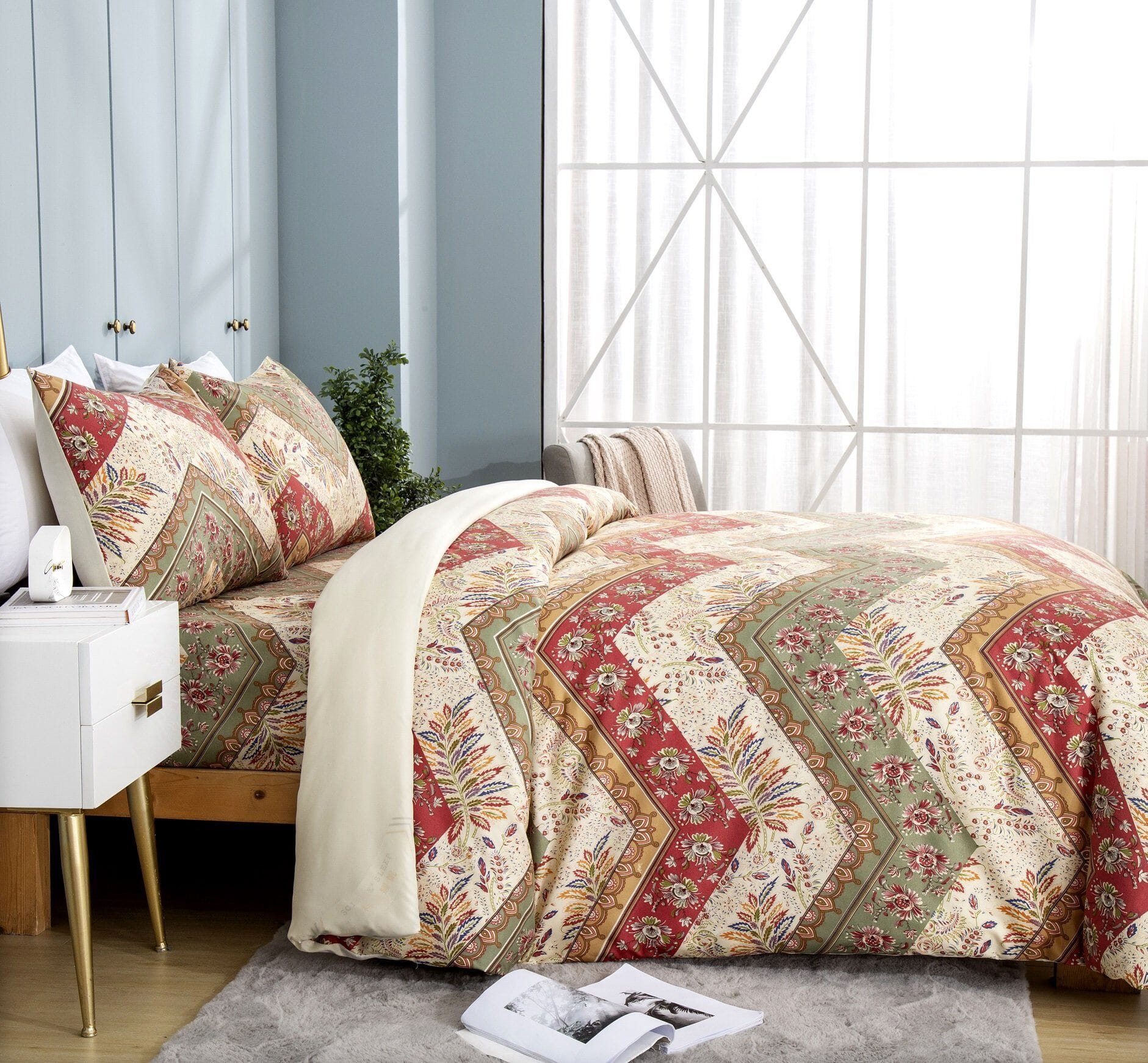 Botanical Cranberry Sage Chevron Floral Duvet Cover Set Bedding