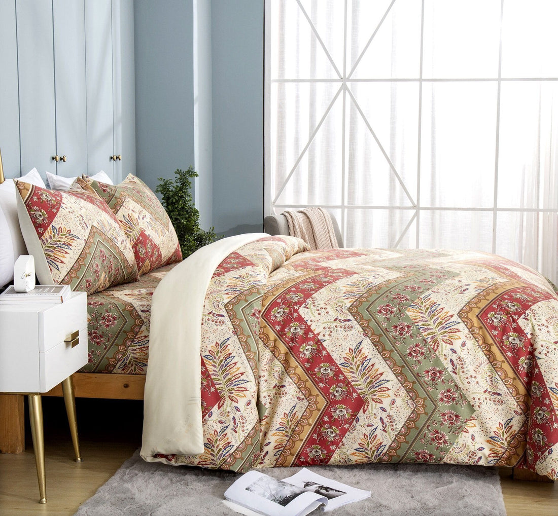 Botanical Cranberry Sage Chevron Floral Duvet Cover Set Bedding