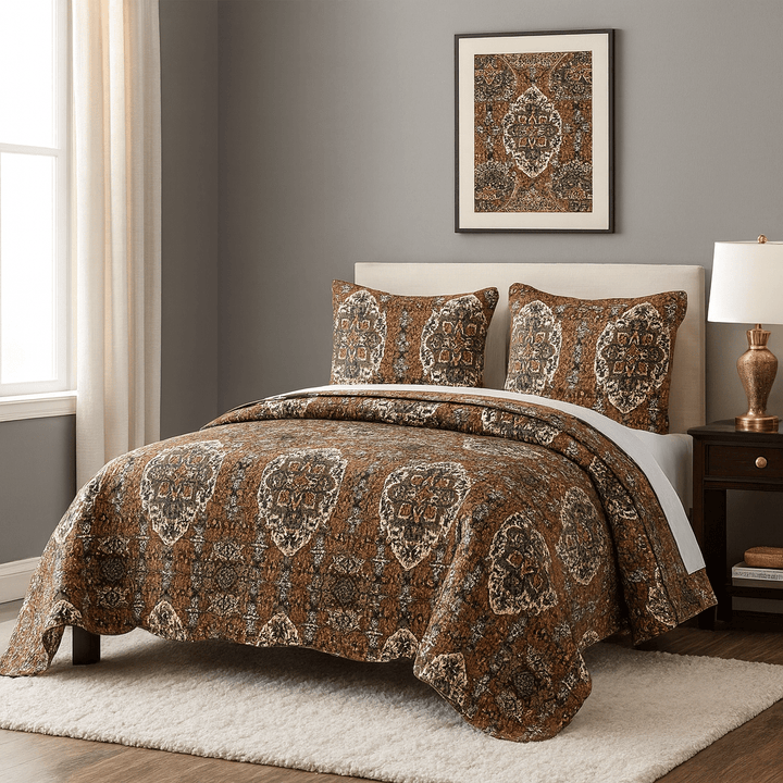 Rustic Earthy Moroccan Ogee Quilted Bedspread Set Folk Motif