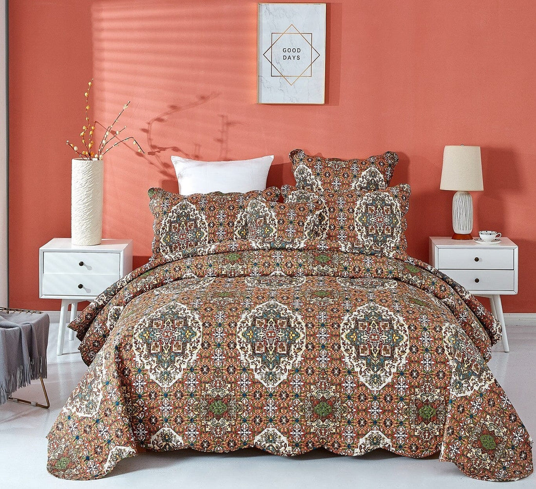 Rustic Earthy Moroccan Ogee Quilted Bedspread Set Folk Motif