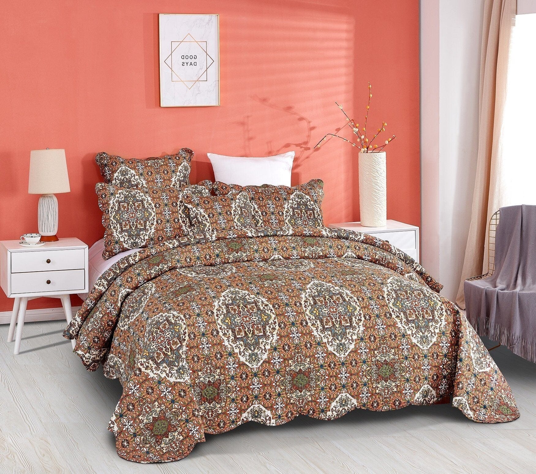 Rustic Earthy Moroccan Ogee Quilted Bedspread Set Folk Motif