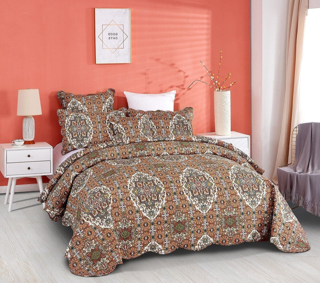 Rustic Earthy Moroccan Ogee Quilted Bedspread Set Folk Motif