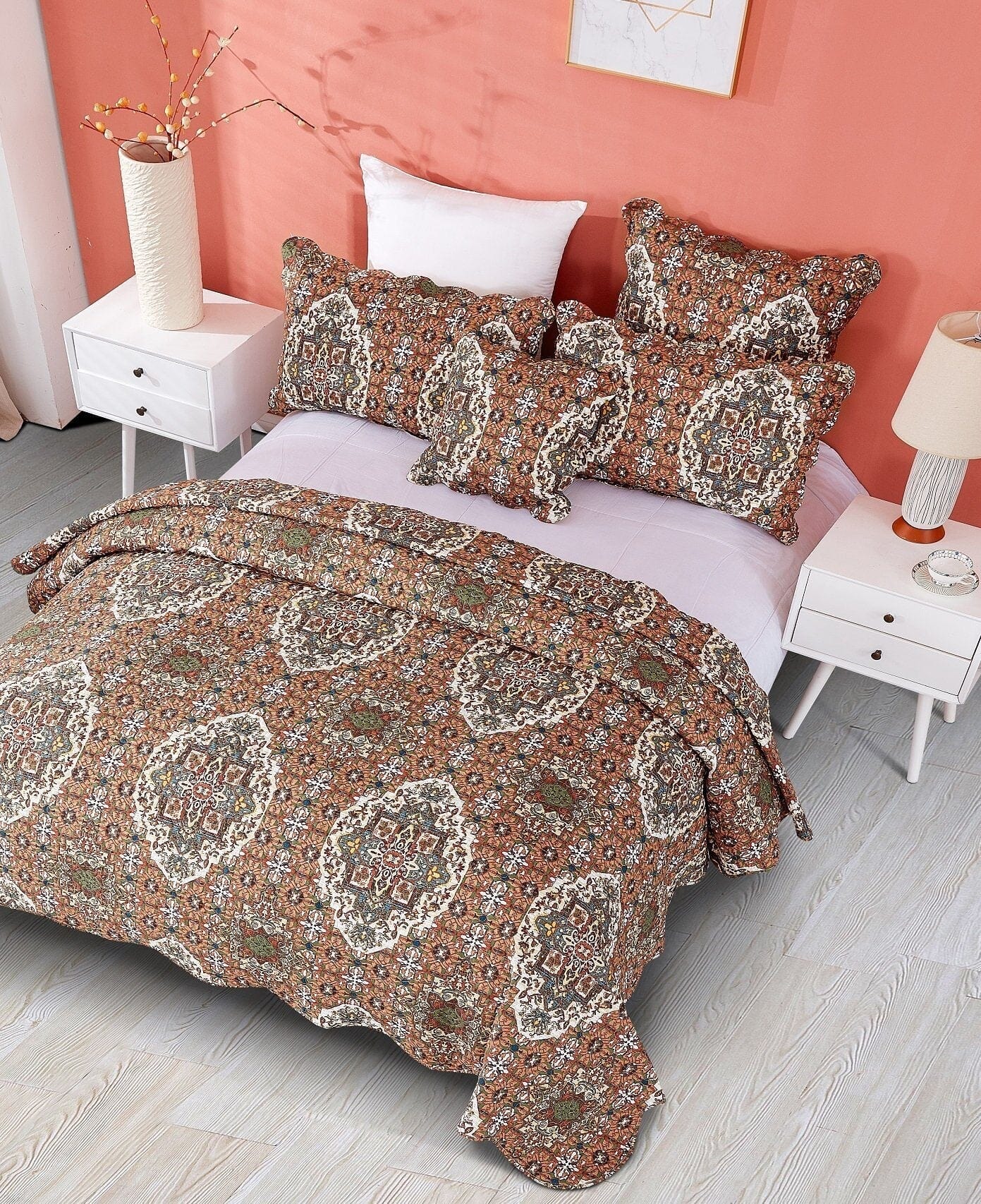 Rustic Earthy Moroccan Ogee Quilted Bedspread Set Folk Motif