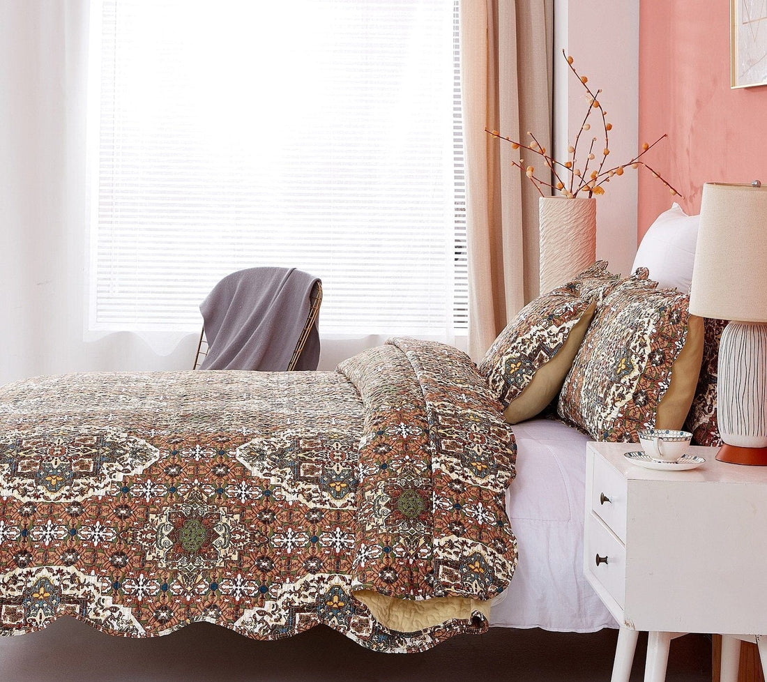 Rustic Earthy Moroccan Ogee Quilted Bedspread Set Folk Motif