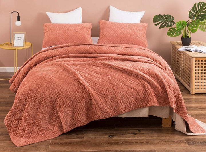 Terracotta Coral Velour Corduroy Bedspread Set Soft Cozy Bedding
