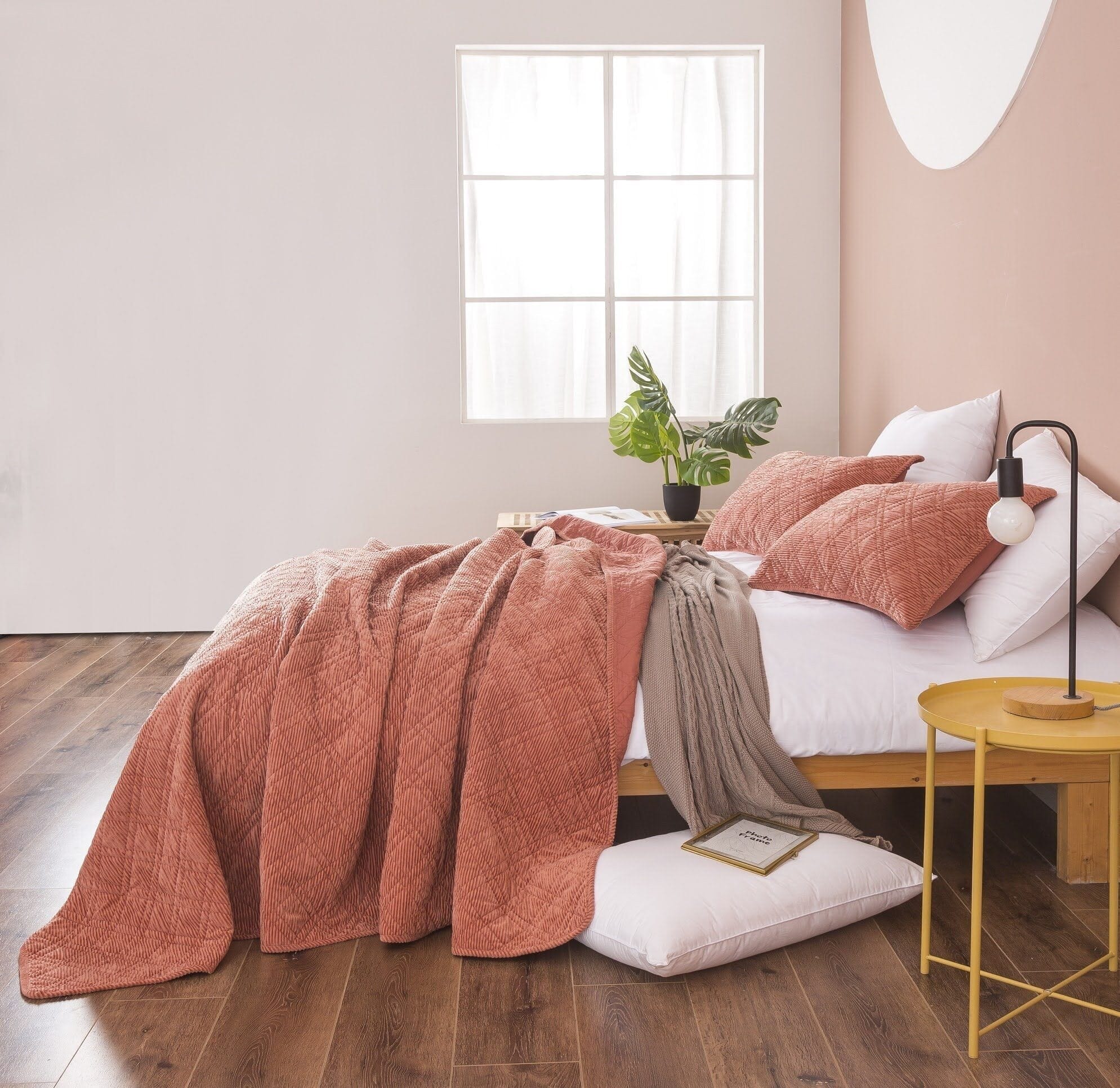 Terracotta Coral Velour Corduroy Bedspread Set Soft Cozy Bedding