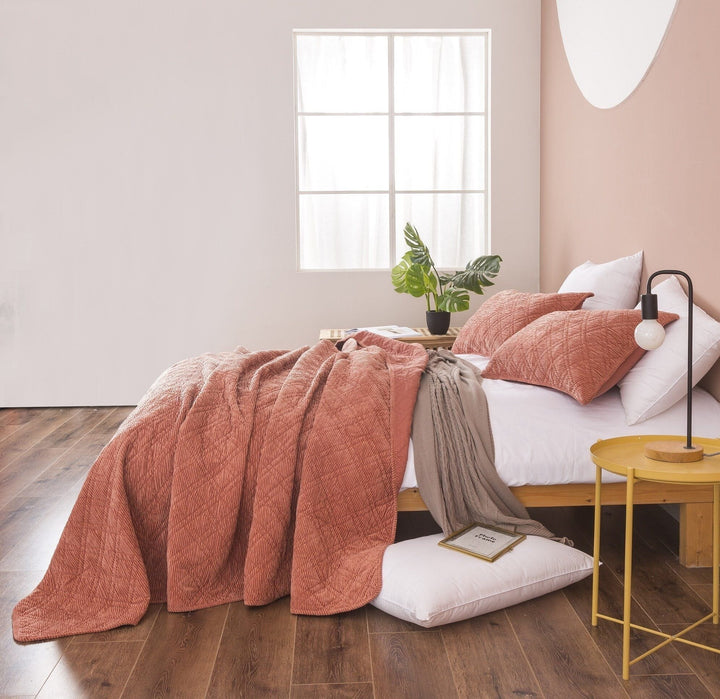 Terracotta Coral Velour Corduroy Bedspread Set Soft Cozy Bedding