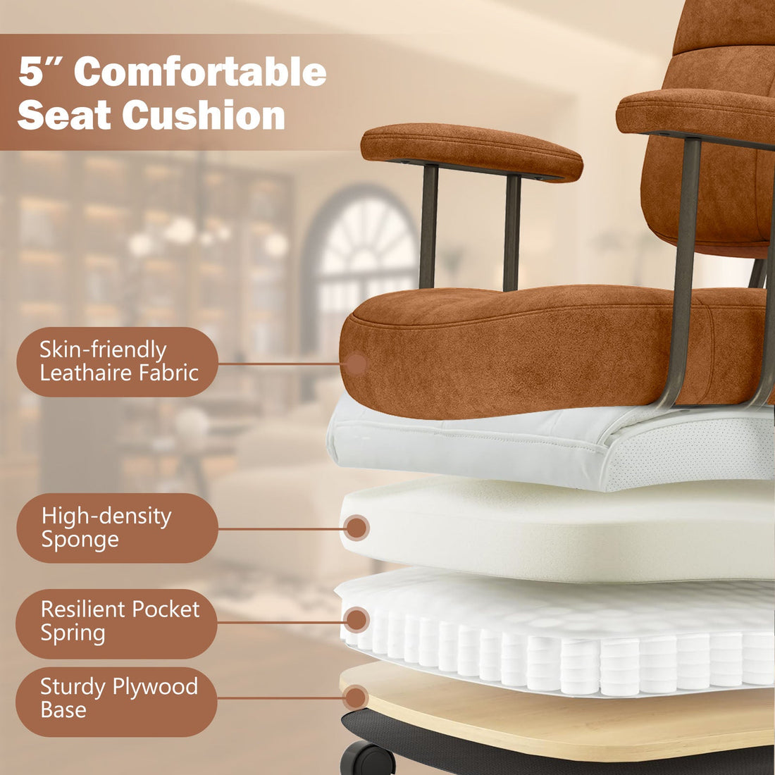 Upholstered Task Home Office Chair with Cushioned Back-Brown