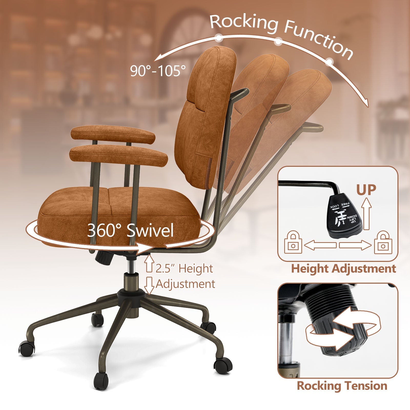 Upholstered Task Home Office Chair with Cushioned Back-Brown