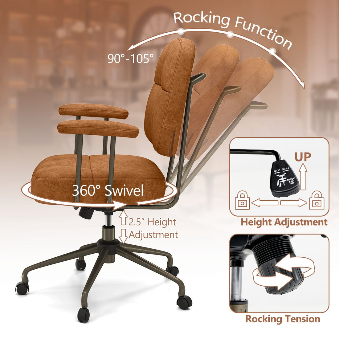 Upholstered Task Home Office Chair with Cushioned Back-Brown