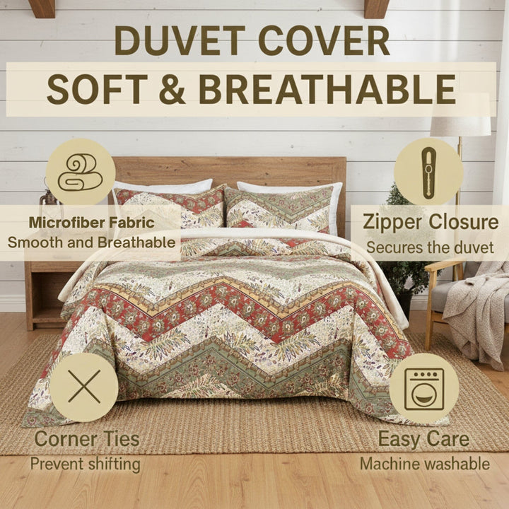 Botanical Cranberry Sage Chevron Floral Duvet Cover Set Bedding