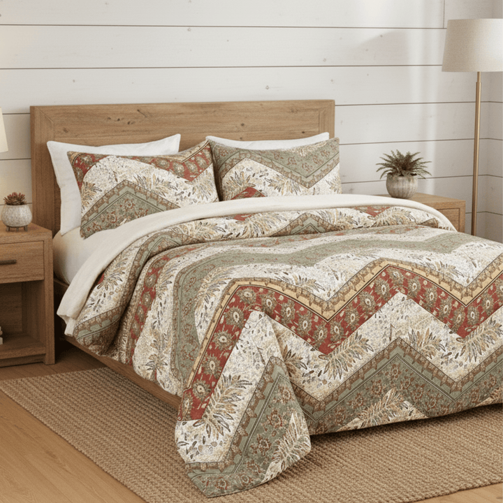 Botanical Cranberry Sage Chevron Floral Duvet Cover Set Bedding