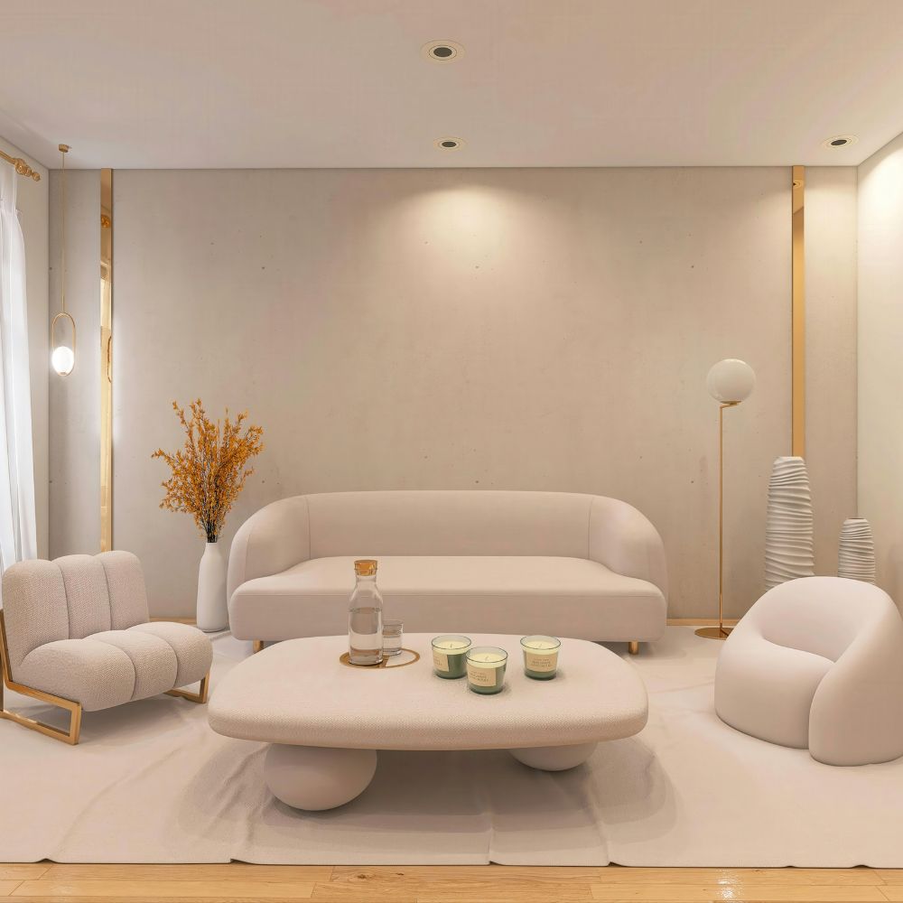 Modern living room with beige sofa, armchairs, and coffee table in a neutral color scheme.