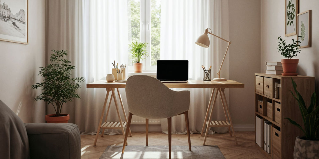 Home office with a desk, chair, laptop, and decorative plants.