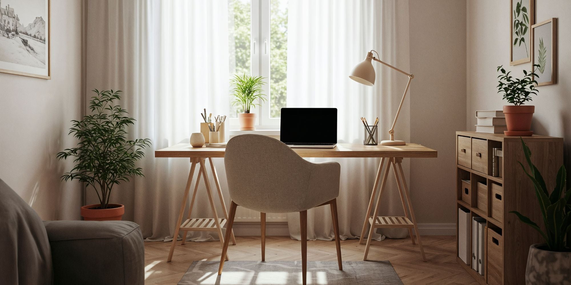 Home office with a desk, chair, laptop, and decorative plants.