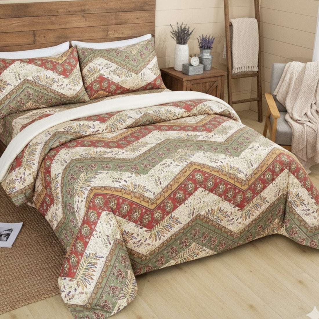 Botanical Cranberry Sage Chevron Floral Duvet Cover Set Bedding