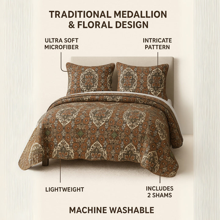 Rustic Earthy Moroccan Ogee Quilted Bedspread Set Folk Motif