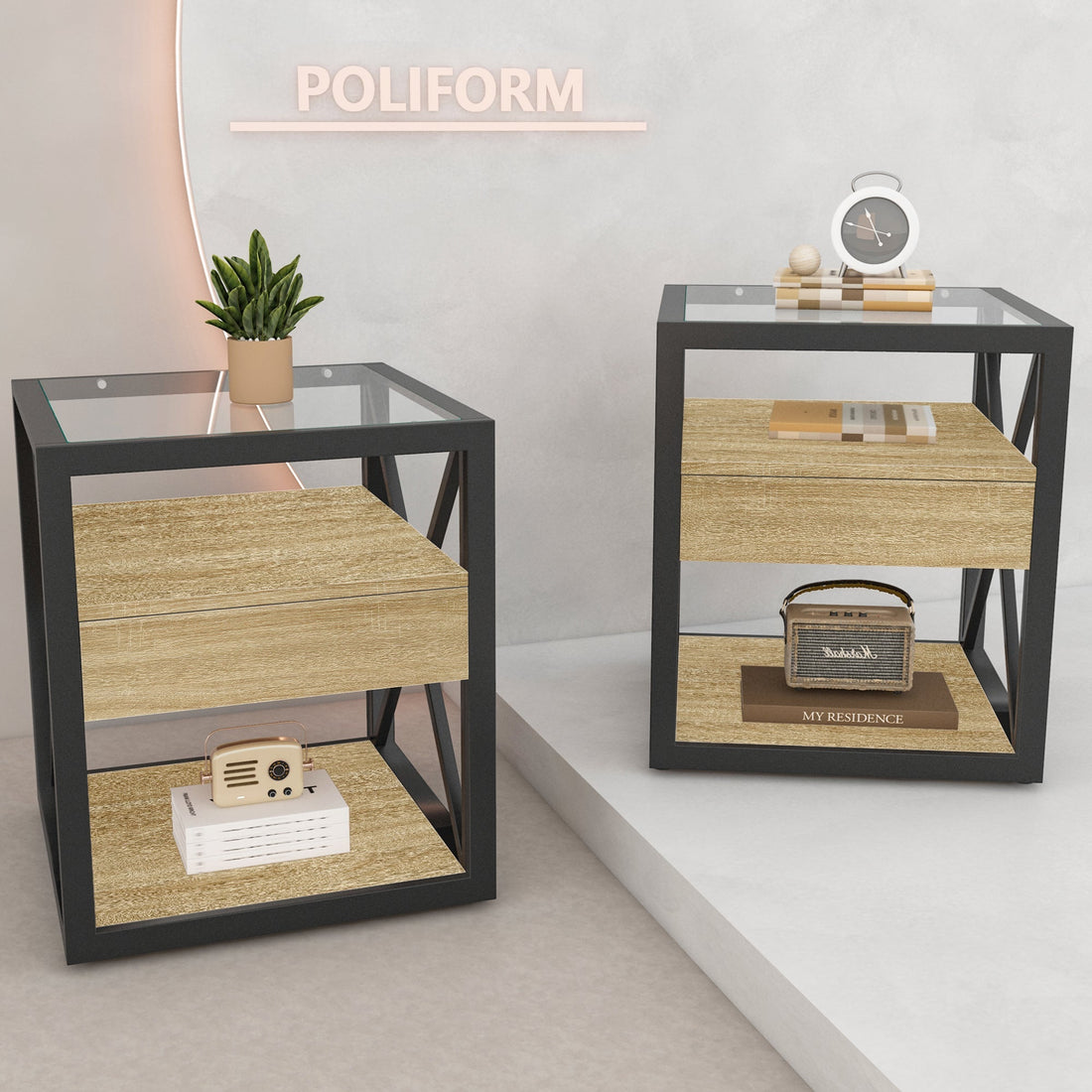 Set of 2 Modern End Tables with Drawer