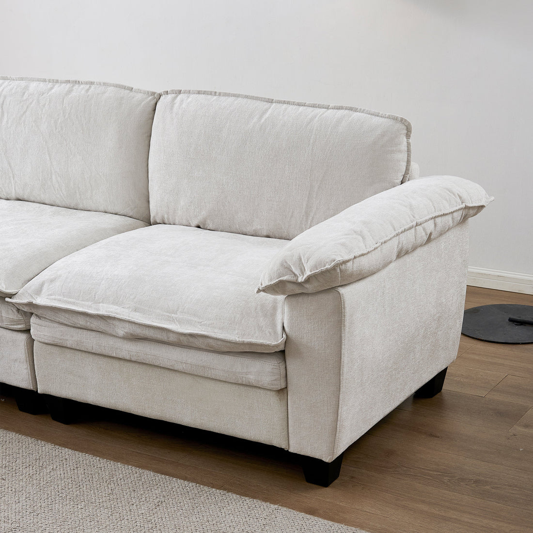 Luxury Chenille L Shape Sofa Beige with Ottoman Living Room
