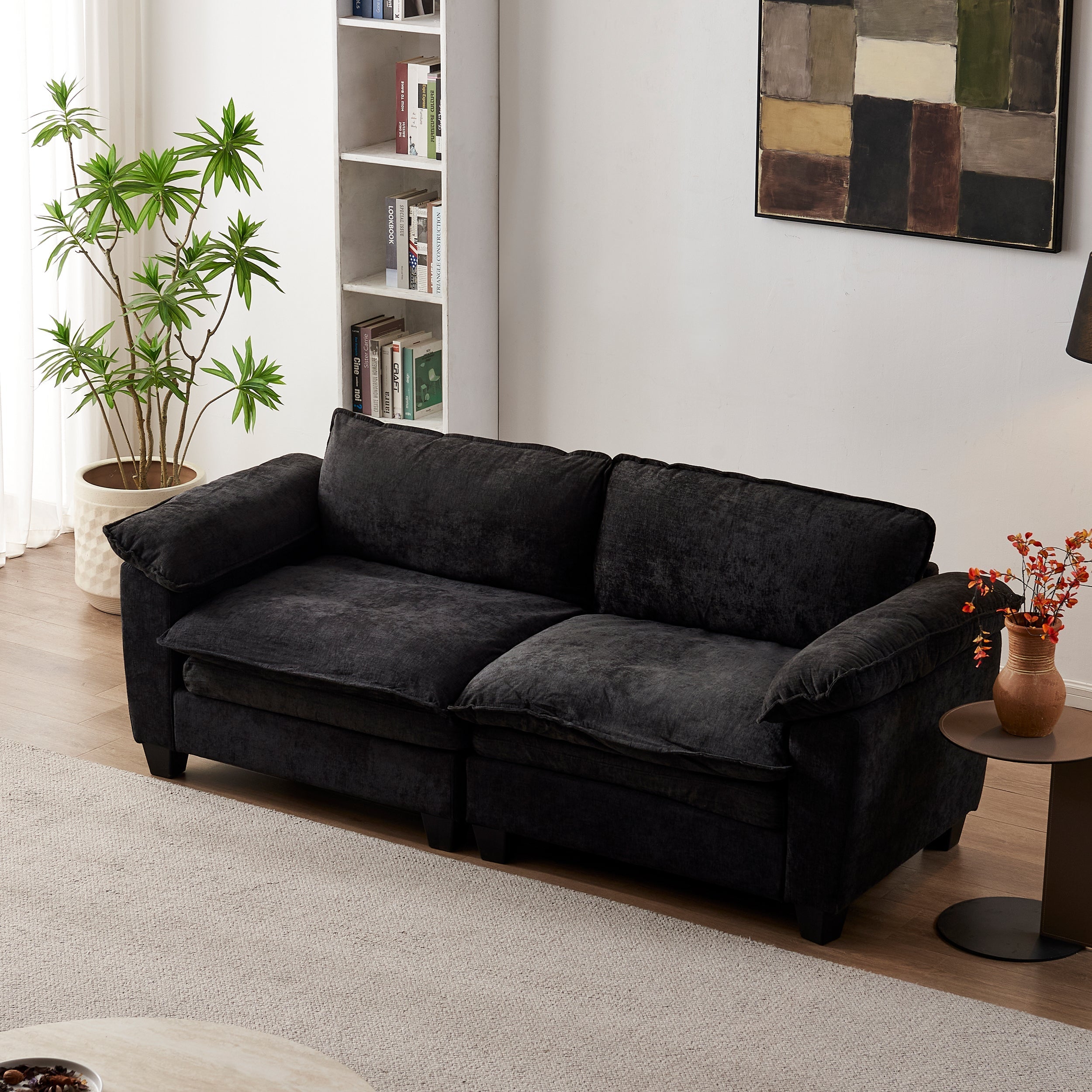 Luxury Black Chenille Loveseat Sofa Soft Upholstered Living Room