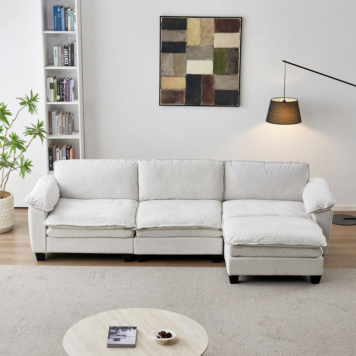 Luxury Chenille L Shape Sofa Beige with Ottoman Living Room