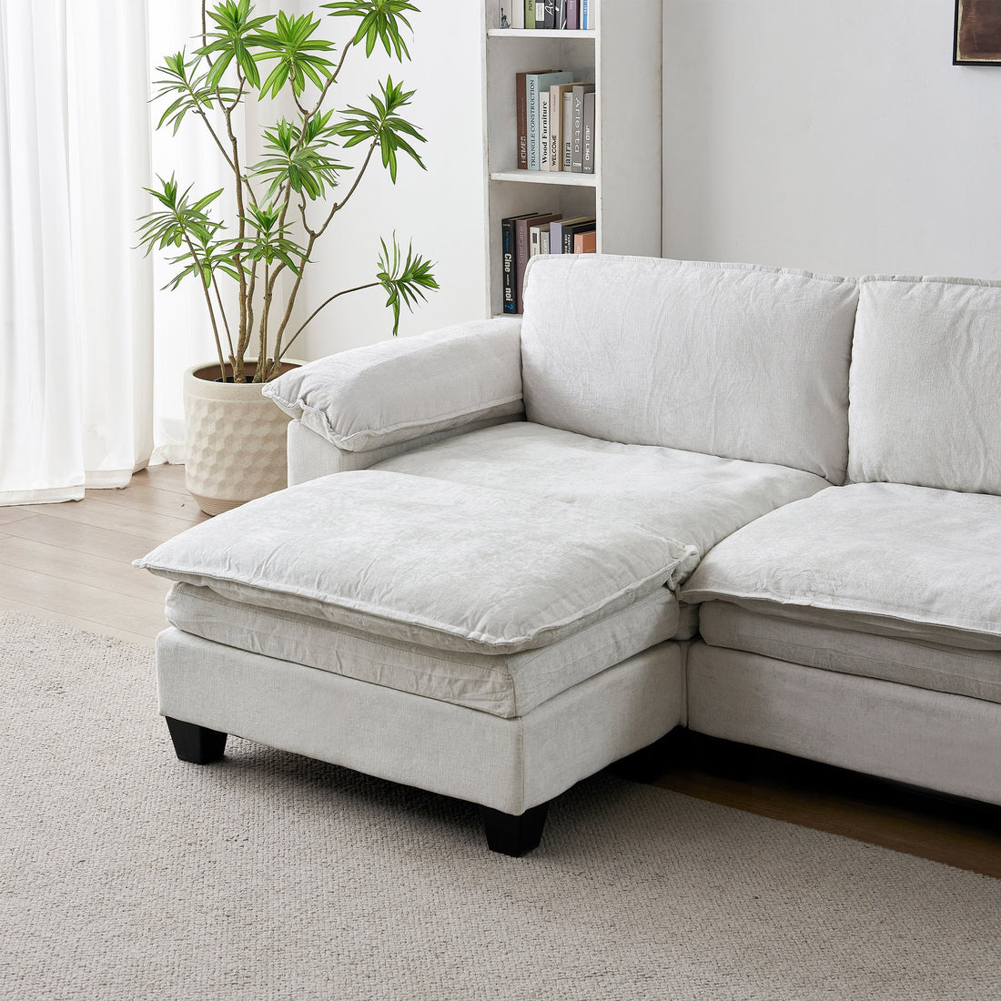 Luxury Chenille L Shape Sofa Beige with Ottoman Living Room
