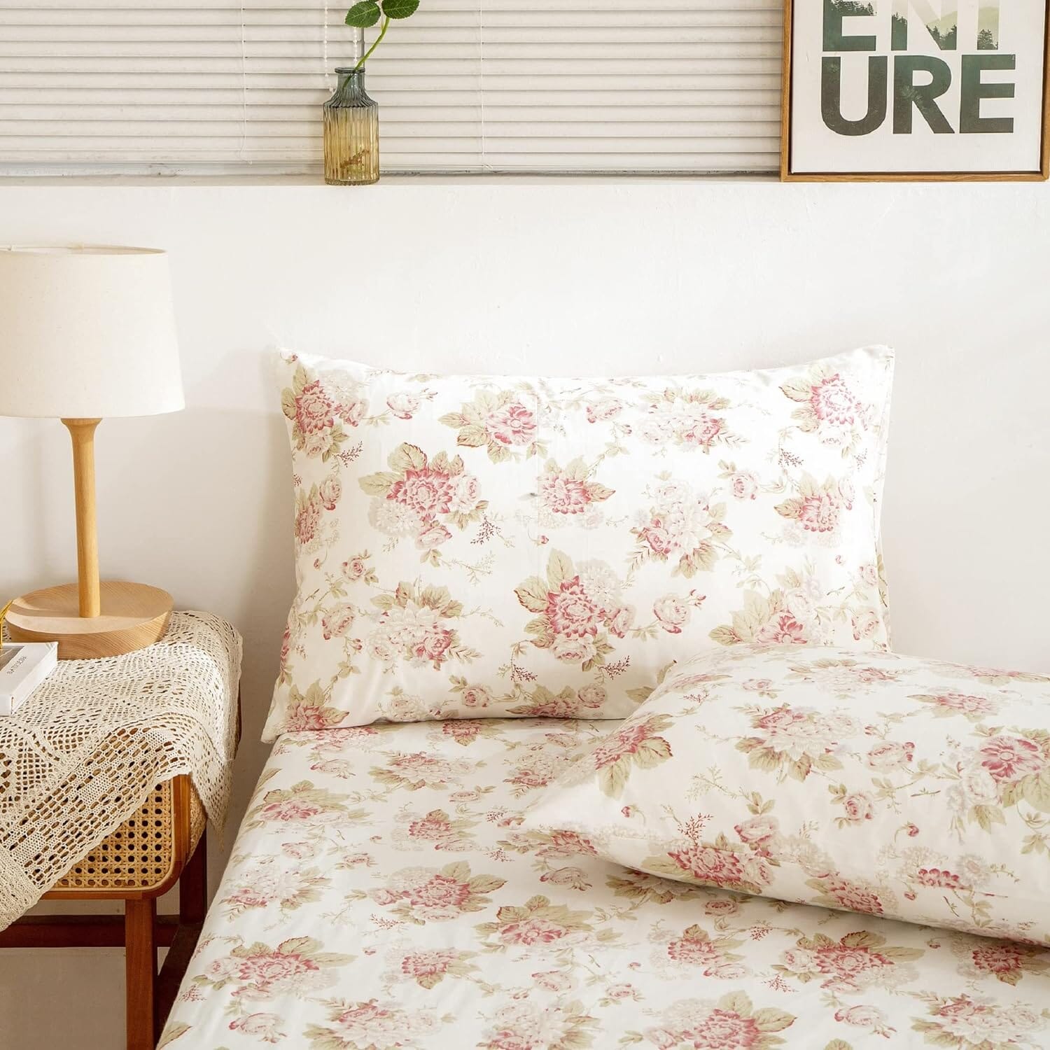 Hint Mint Cottage Floral Roses Cotton Flat Sheet Pillowcase