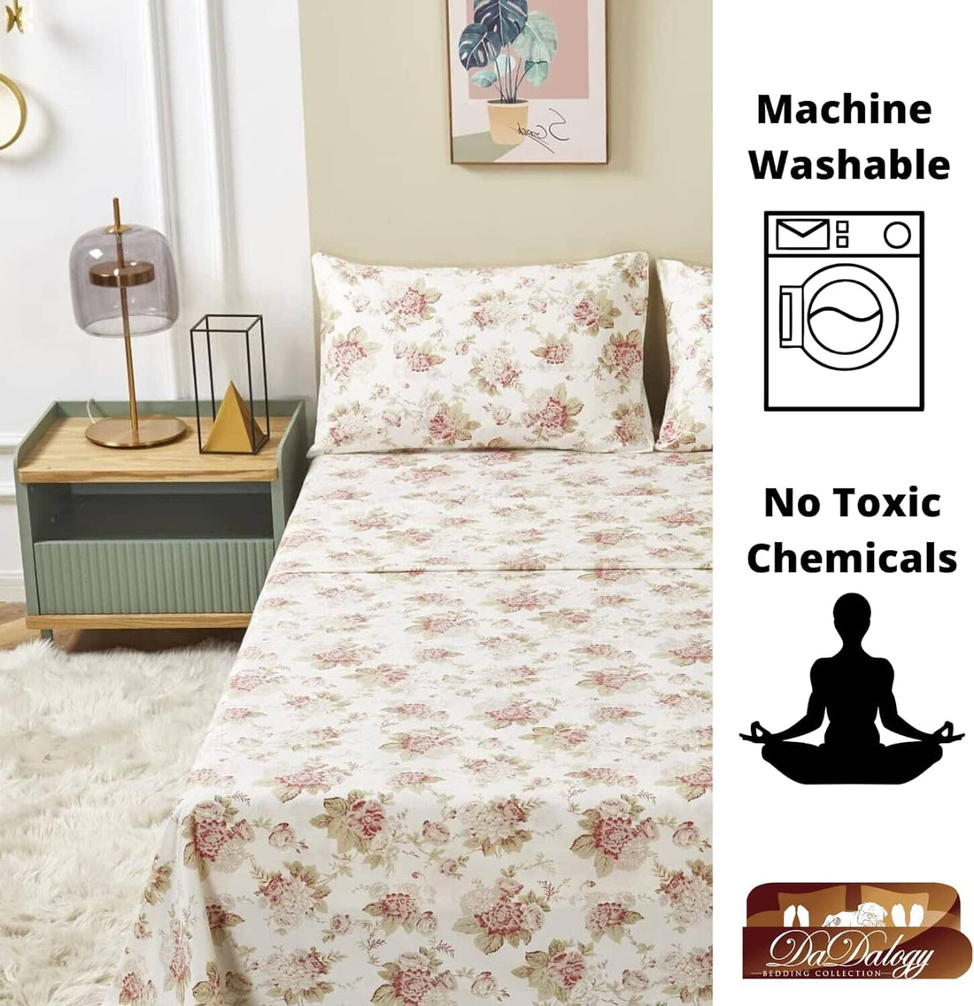 Hint Mint Cottage Floral Roses Cotton Flat Sheet Pillowcase